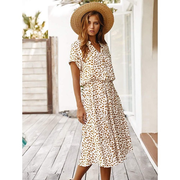π BOHO TAN WHITE ANIMAL PRINT MIDI DRESS! - Picture 3 of 9